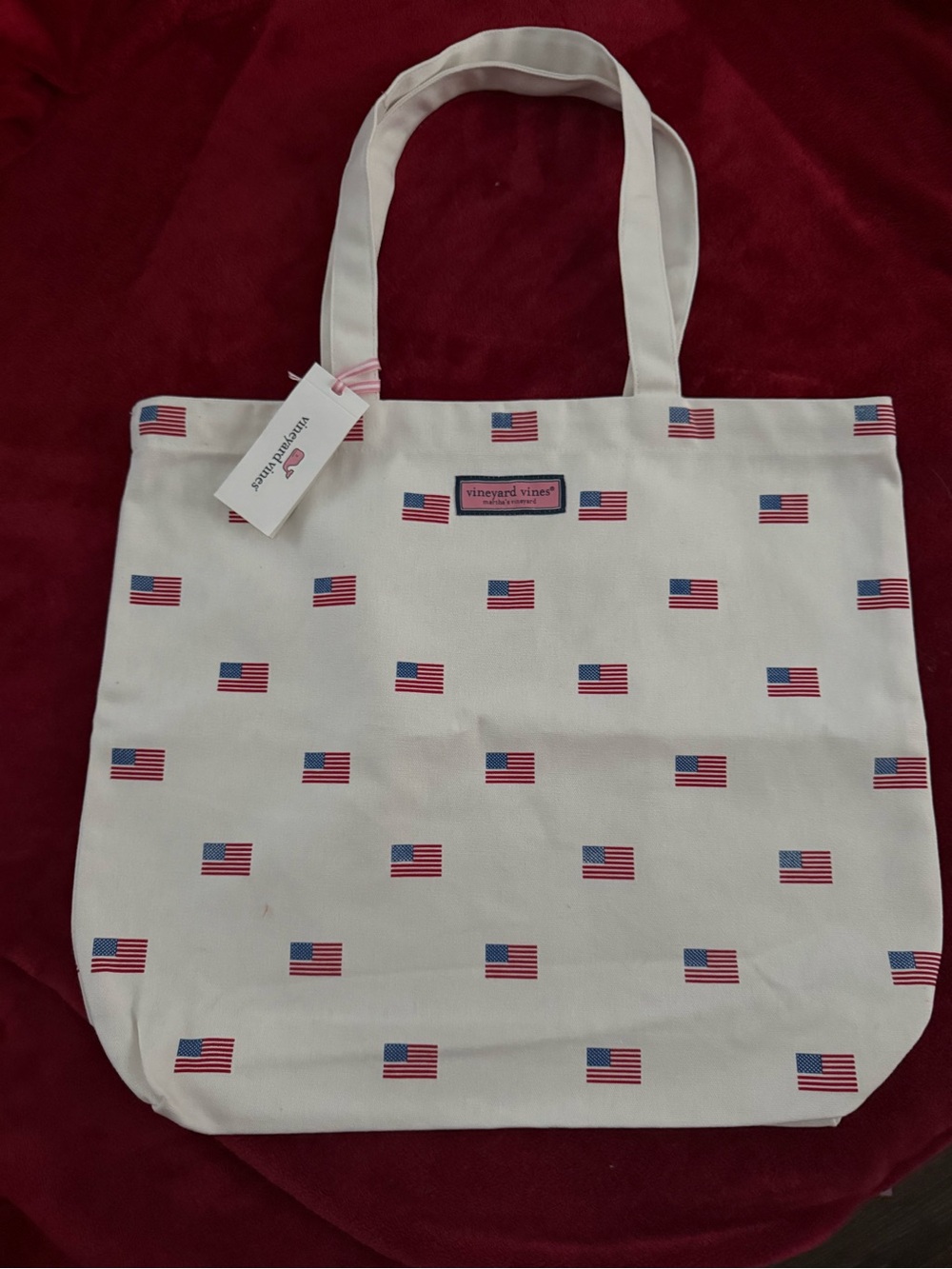 Vineyard Vines White Tote with Mini American Flag Print